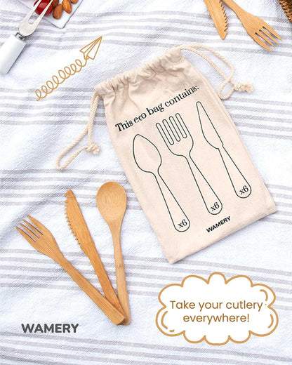 18-Piece Bamboo Cutlery Set - Reusable With Travel Pouch