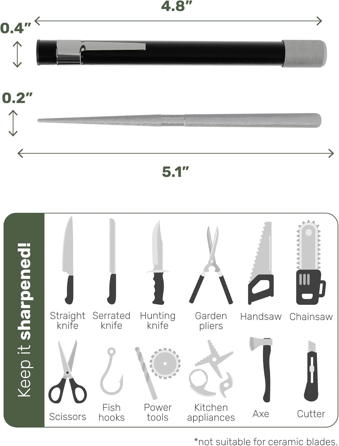 Wamery Serrated & Straight Knife Sharpener – Retractable Diamond Rod, Compact Design (Black)