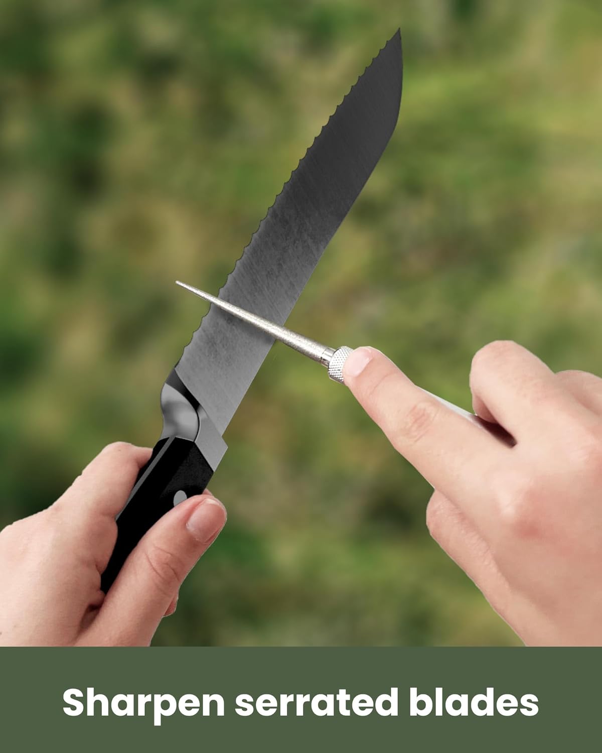 Wamery Serrated & Straight Knife Sharpener – Retractable Diamond Rod, Compact Design (Black)