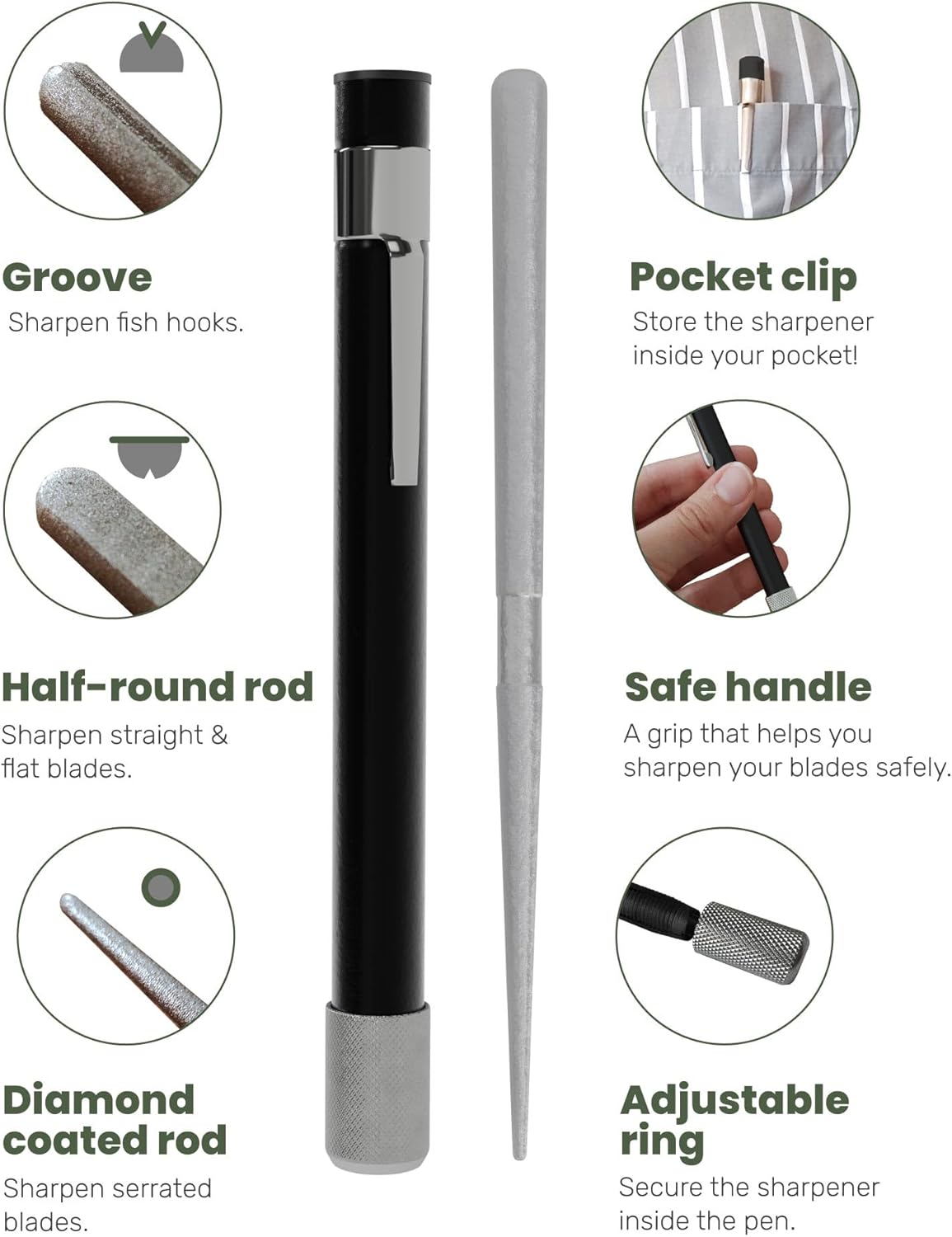 Wamery Serrated & Straight Knife Sharpener – Retractable Diamond Rod, Compact Design (Black)
