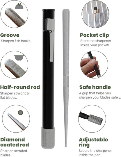 Wamery Serrated & Straight Knife Sharpener – Retractable Diamond Rod, Compact Design (Black)