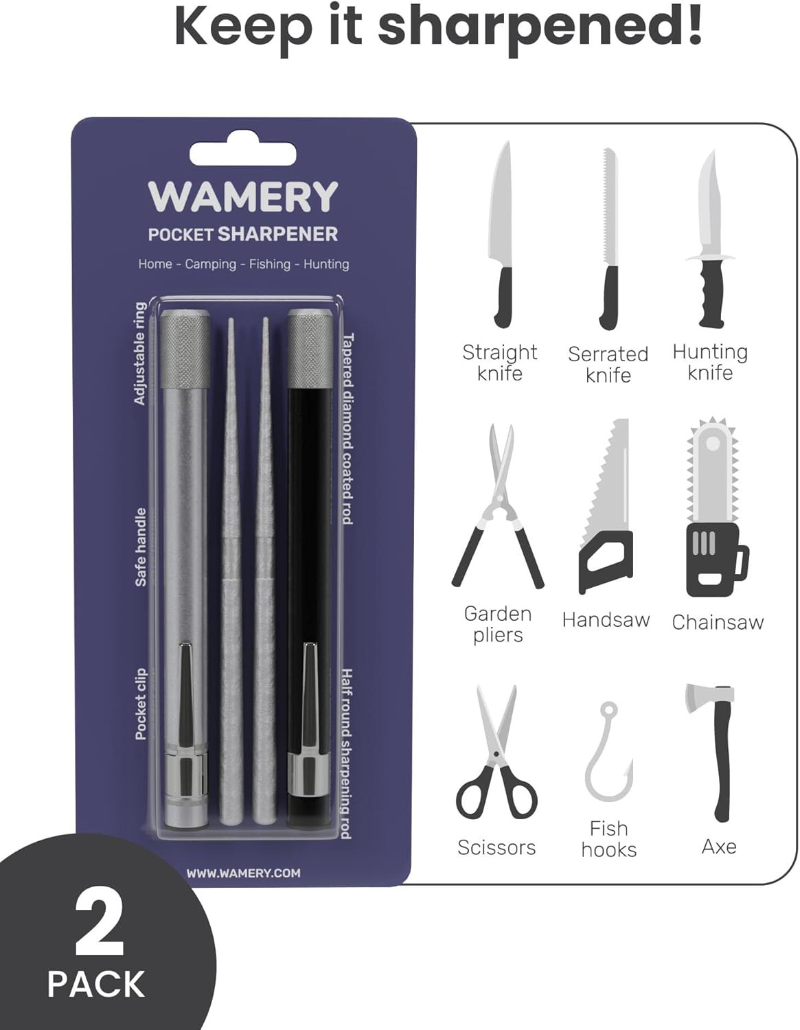 Wamery 2-Pack Knife Sharpeners – Serrated & Straight Blades with Retractable Diamond Rod (Black & Silver)
