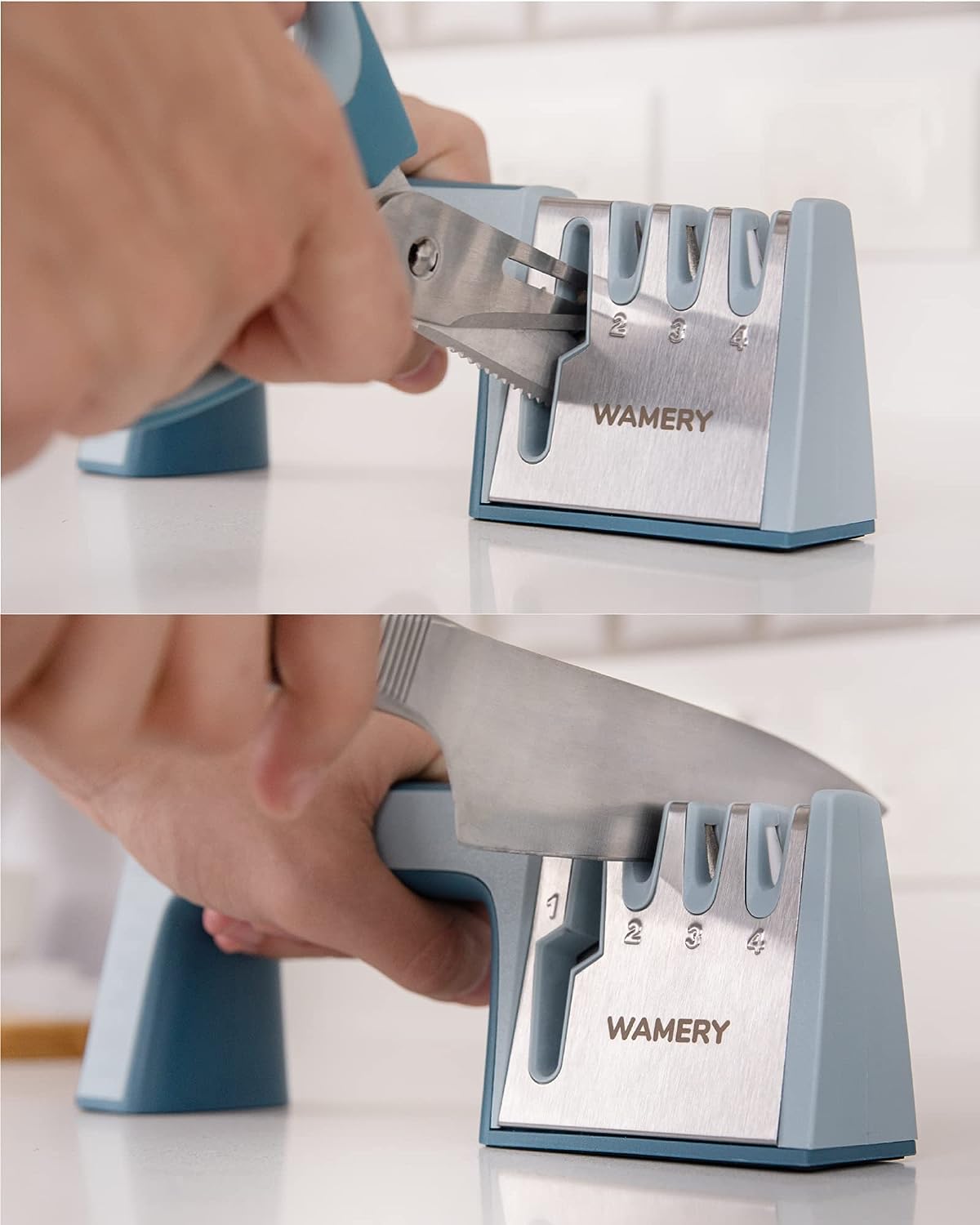 Wamery Knife Sharpener and Scissors Sharpening SYSTEM. Easy to Use. Safe Handle.