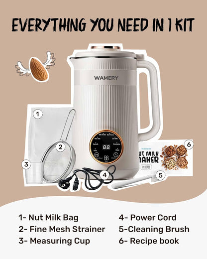 Wamery Original Nut Milk Maker Machine - 32oz Almond, Oat, Soy Milk Maker - Plant Based & Vegan Milk Maker with Delay Start, Keep Warm & Boil Water Functions