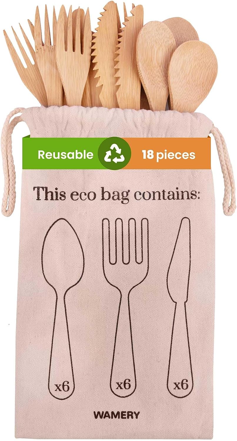 18-Piece Bamboo Cutlery Set - Reusable With Travel Pouch