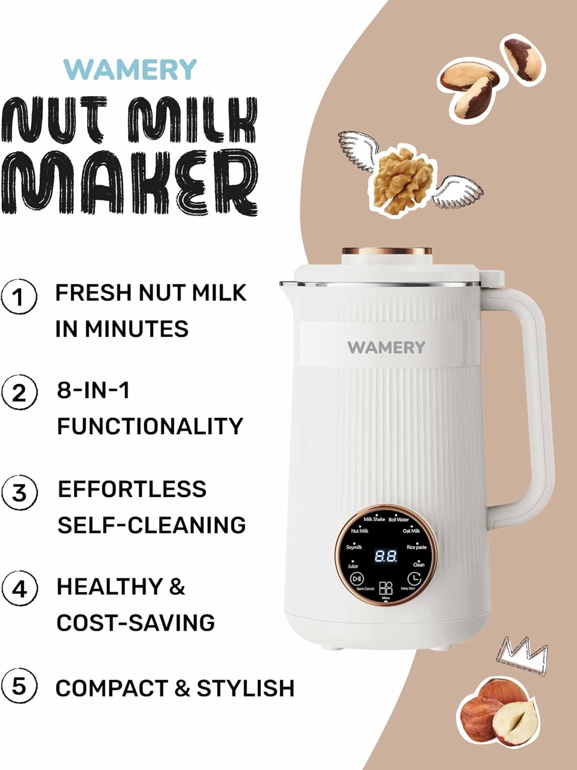 Wamery Original Nut Milk Maker Machine - 32oz Almond, Oat, Soy Milk Maker - Plant Based & Vegan Milk Maker with Delay Start, Keep Warm & Boil Water Functions