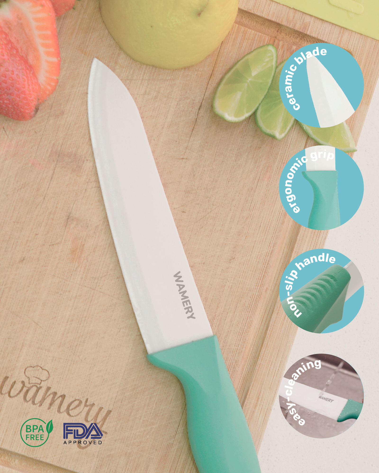 Wamery Ceramic Knife Set with Block - Chef Knife, Utility Knife, Paring  Knife Rust Proof Sharp Turquoise Kitchen Knife Set with Wood Block and  Fruit